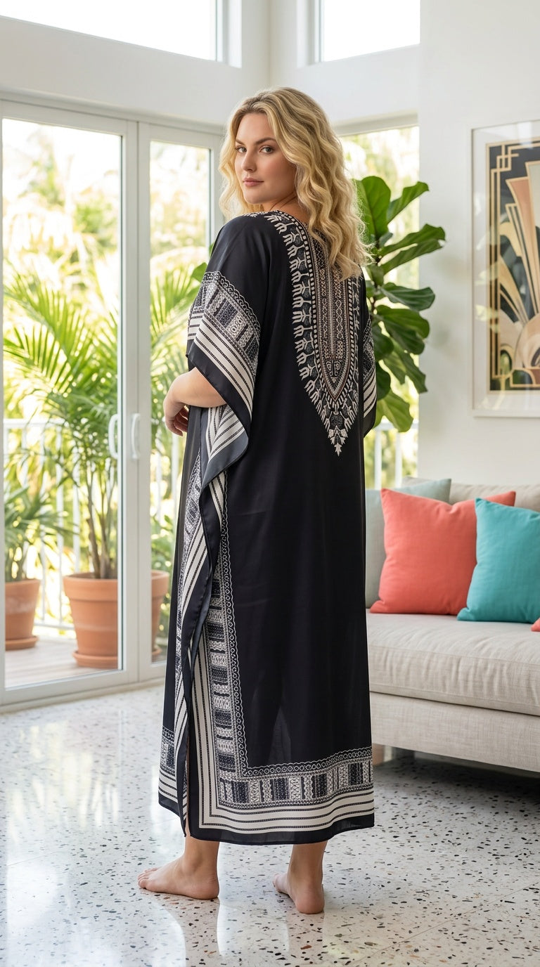 Black Dashiki Polyester Women Plus Size Kaftan Festival Dress