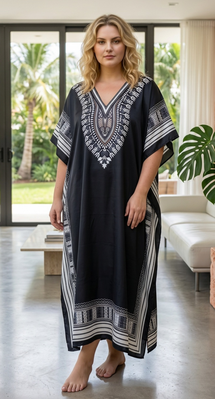 Black Dashiki Polyester Women Plus Size Kaftan Festival Dress