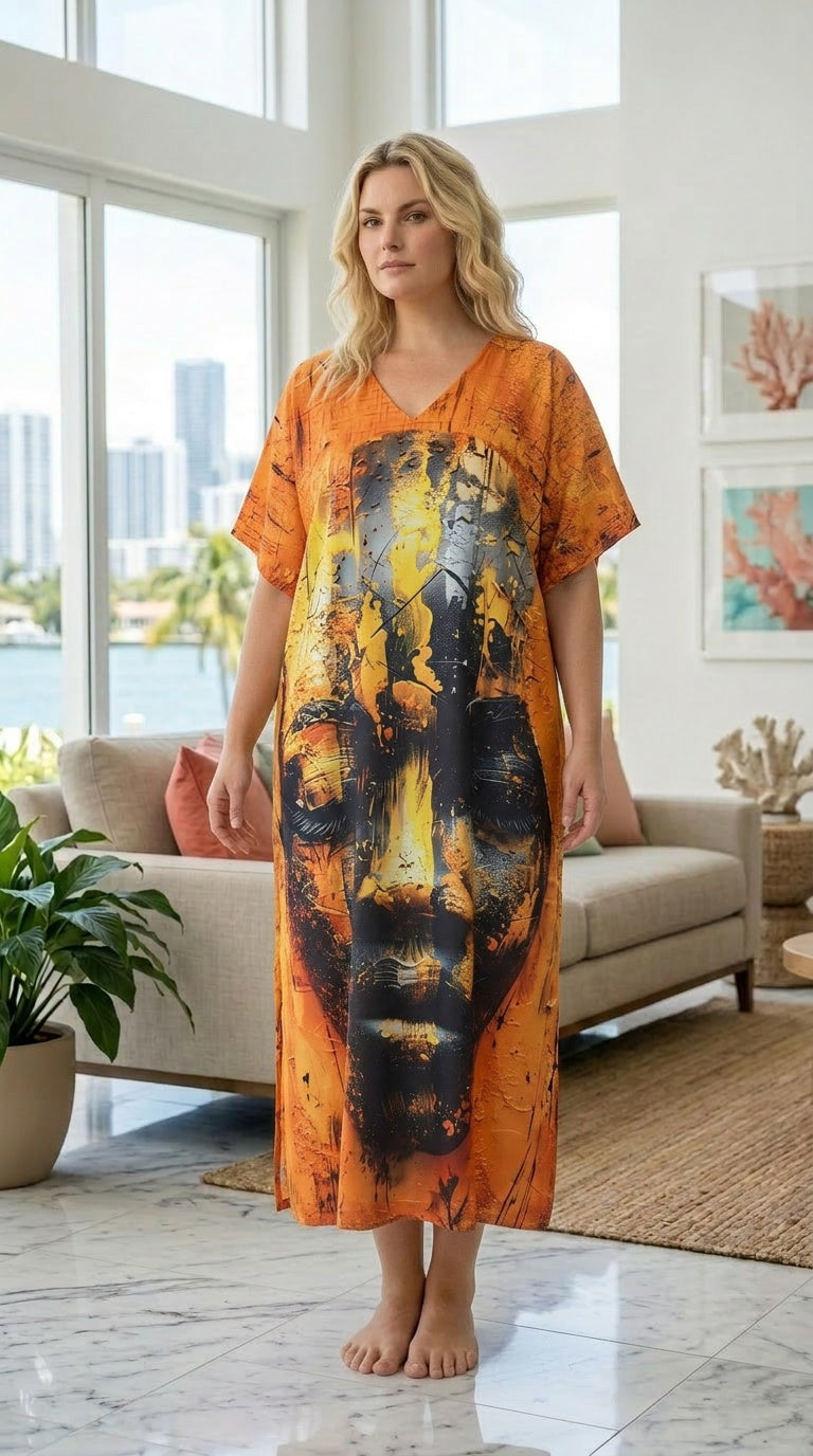 Burnt Orange Tribal Polyester Women Plus Size Kaftan Vacation Dress