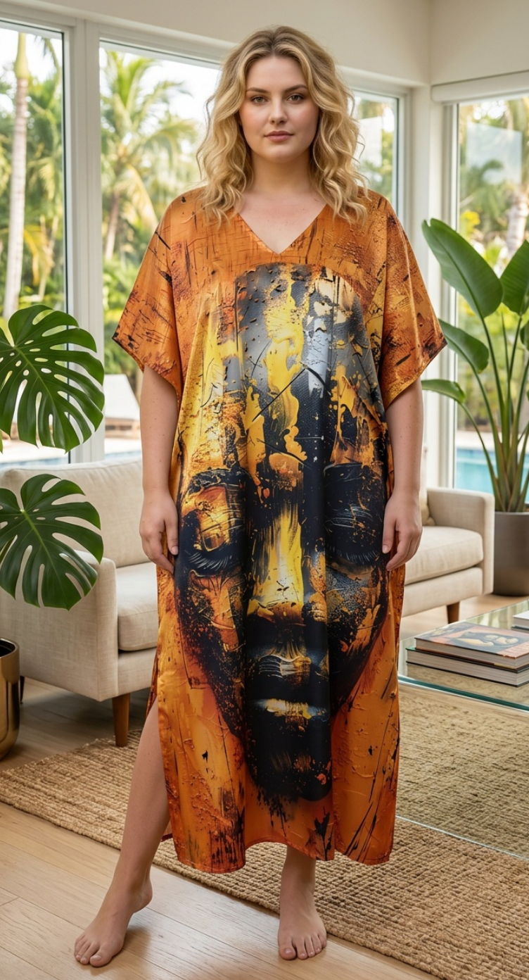 Burnt Orange Tribal Polyester Women Plus Size Kaftan Vacation Dress