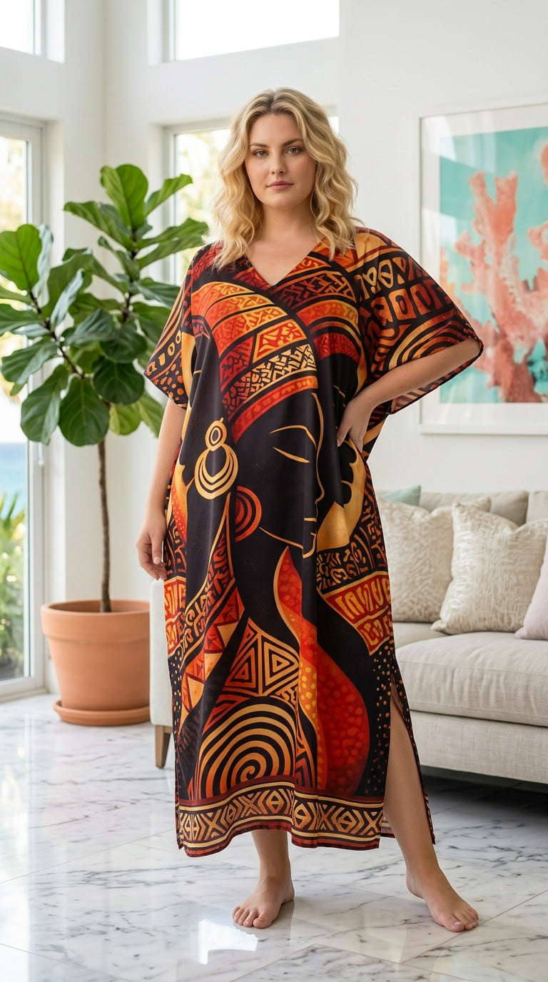 Black Orange Tribal Polyester Women Plus Size Kaftan Tropical Dress