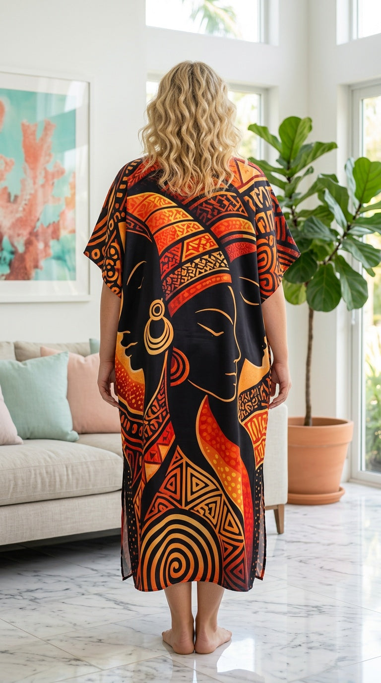 Black Orange Tribal Polyester Women Plus Size Kaftan Tropical Dress