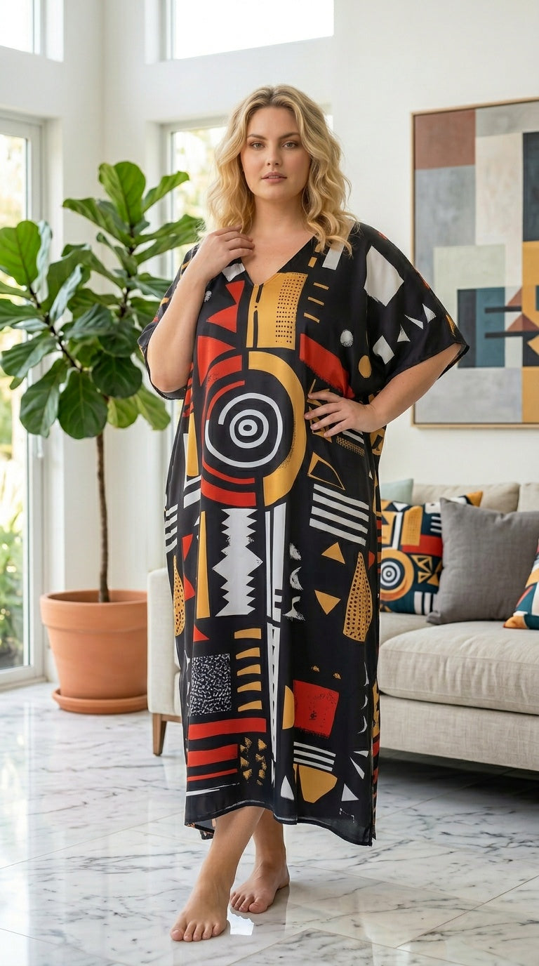 Black Geometric Polyester Women Plus Size Kaftan Travel Dress