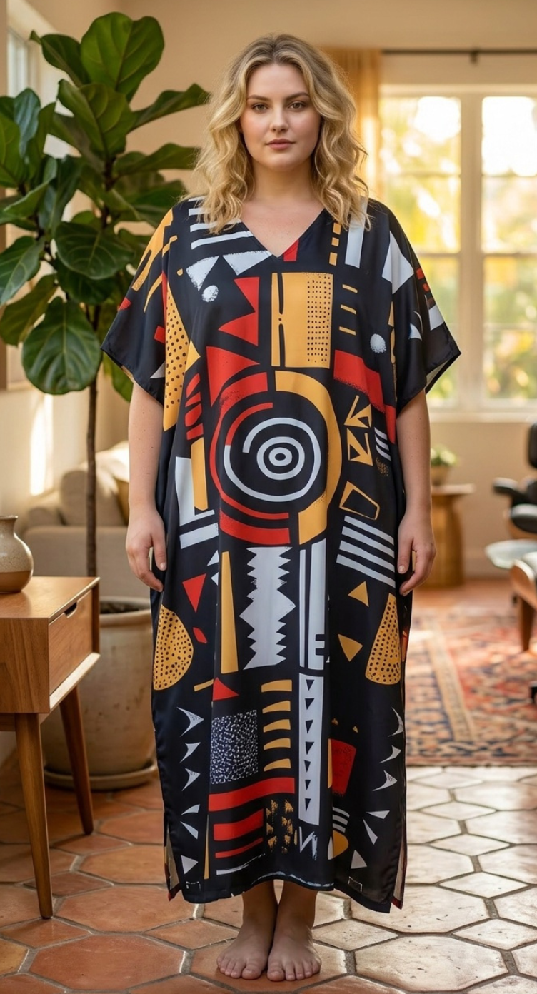 Black Geometric Polyester Women Plus Size Kaftan Travel Dress
