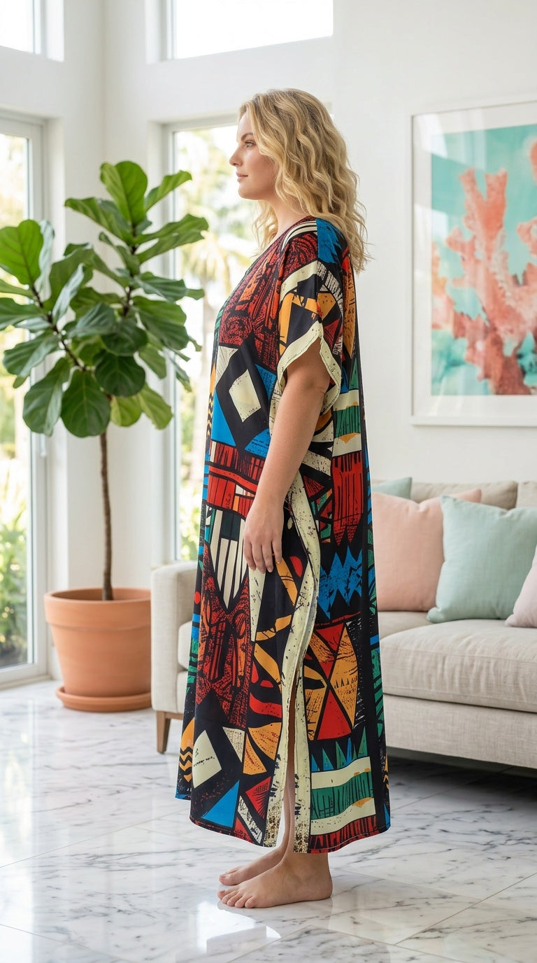 Teal Geometric Polyester Women Plus Size Kaftan Resort Dress