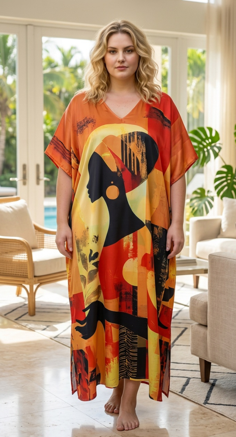 Golden Yellow African Print Polyester Women Plus Size Kaftan Dress