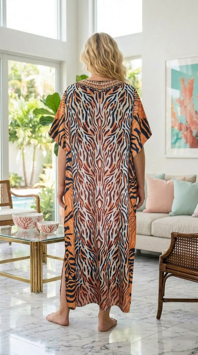 Brown Animal Print Polyester Women Plus Size Kaftan Casual Dress
