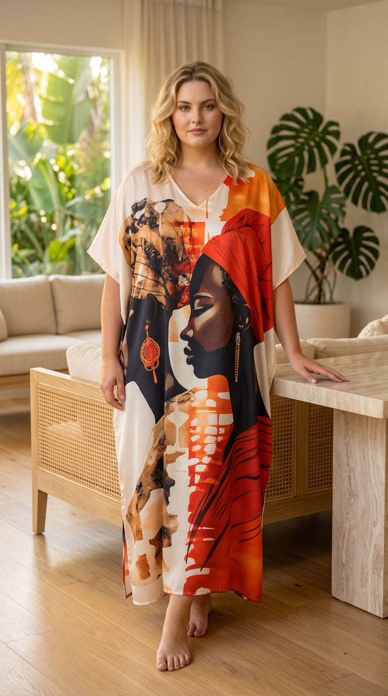Cream African Print Polyester Women Plus Size Kaftan Brunch Dress