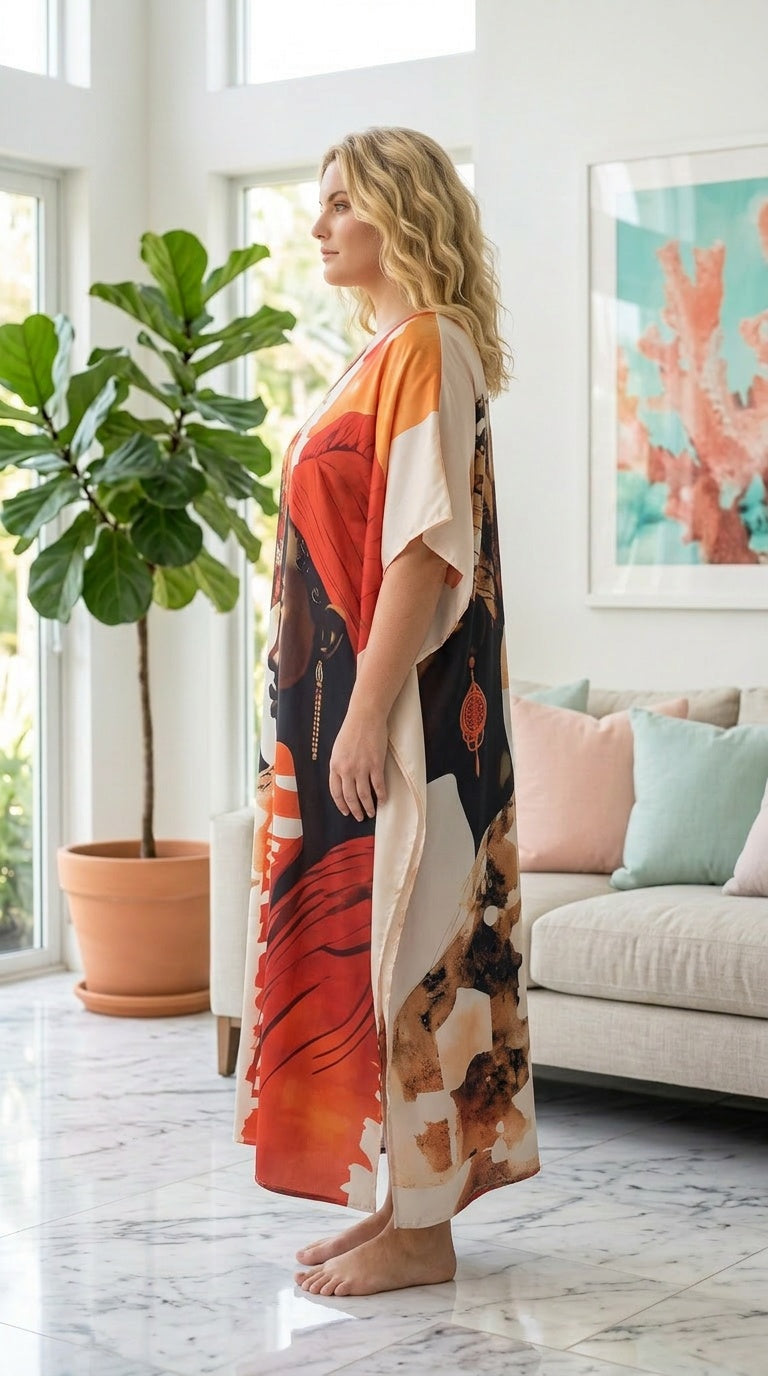 Cream African Print Polyester Women Plus Size Kaftan Brunch Dress