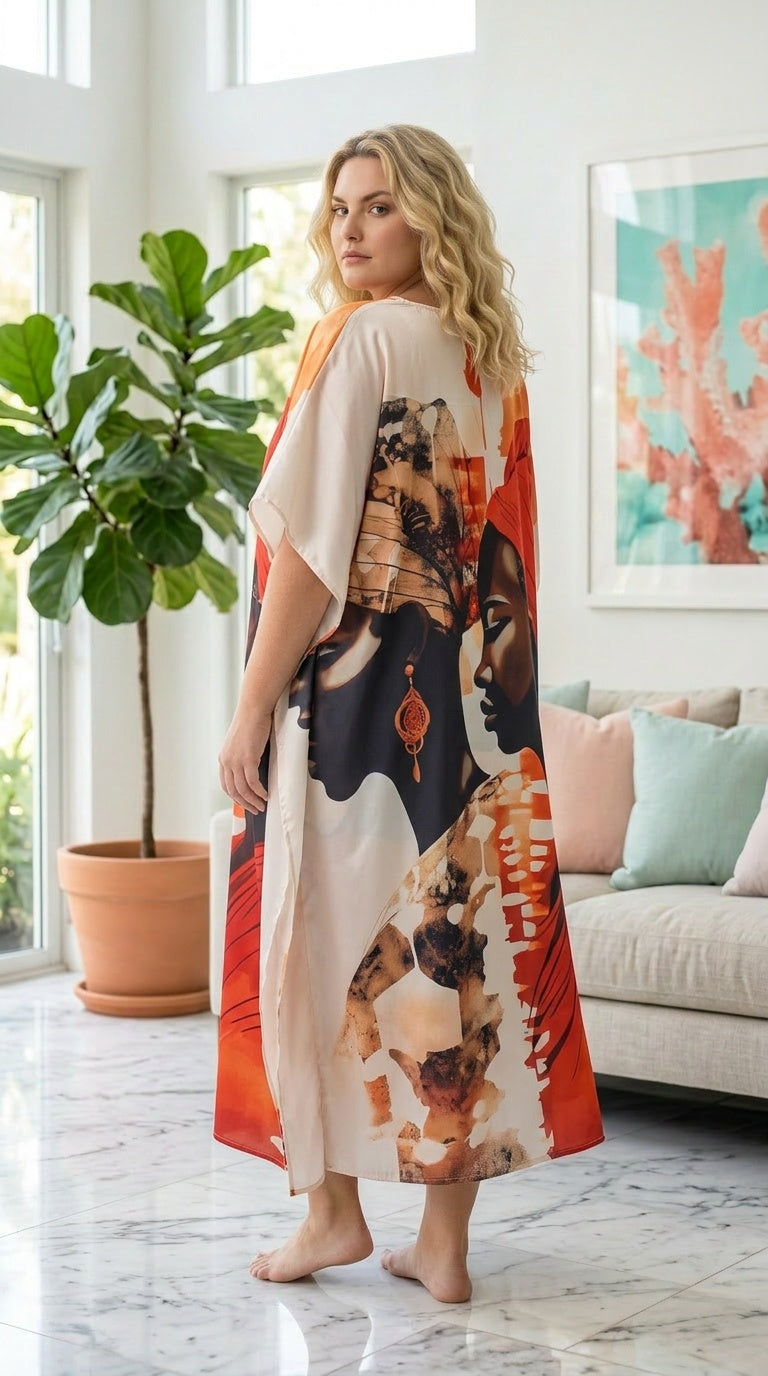 Cream African Print Polyester Women Plus Size Kaftan Brunch Dress