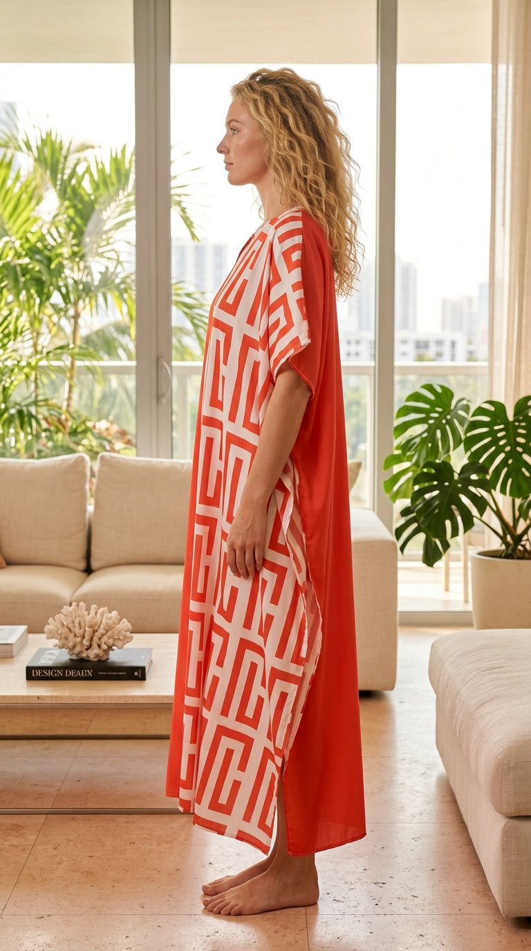 Red Geometric Polyester Women Plus Size Kaftan Party Dress