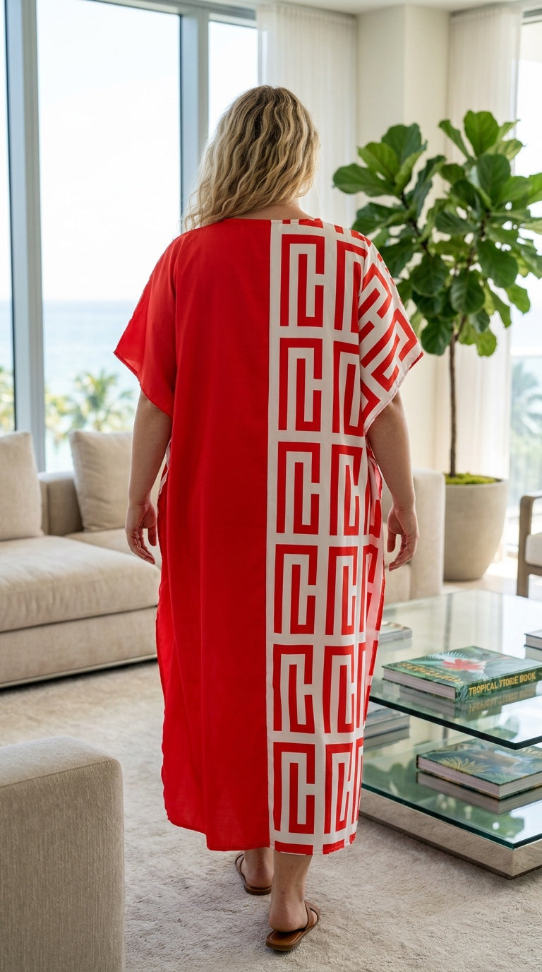 Red Geometric Polyester Women Plus Size Kaftan Party Dress