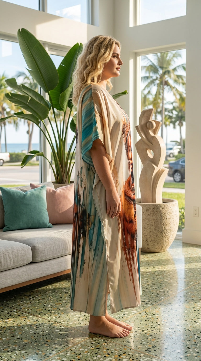 Cream Tribal Polyester Women Plus Size Kaftan Elegant Dress