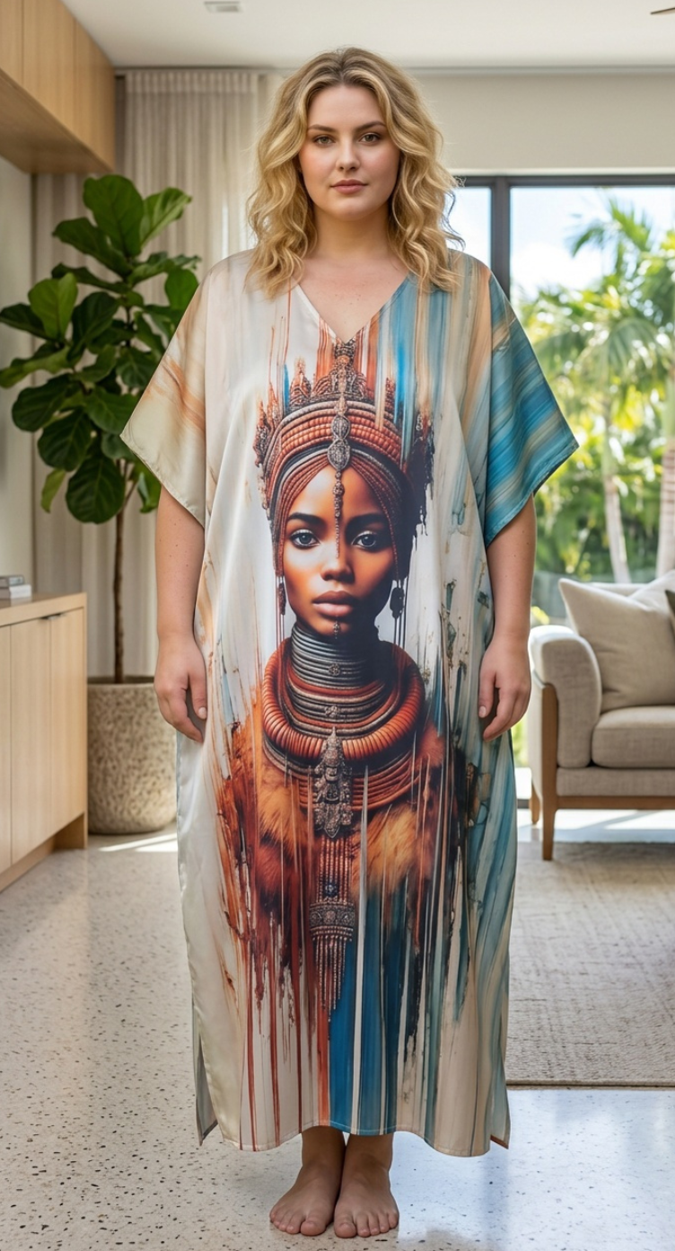 Cream Tribal Polyester Women Plus Size Kaftan Elegant Dress