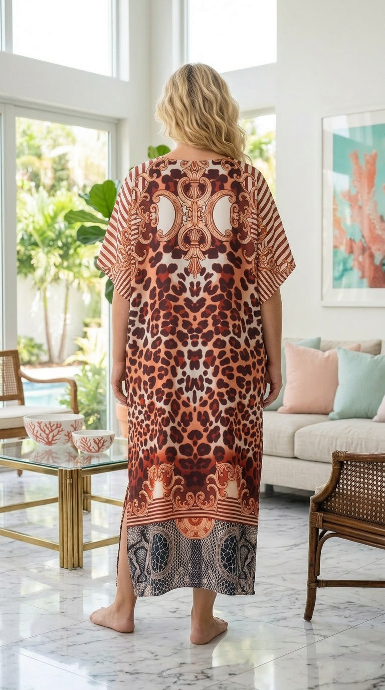Rust Brown Leopard Polyester Women Plus Size Kaftan Casual Dress