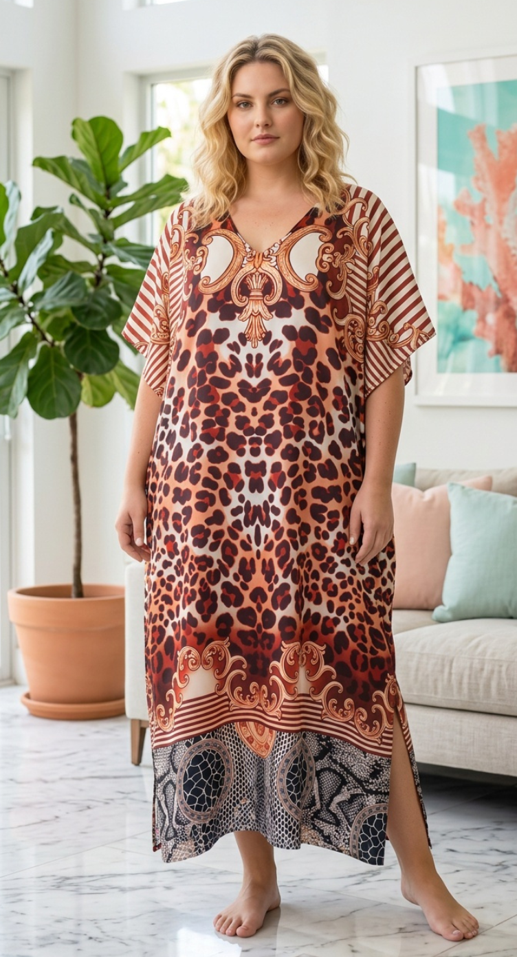Rust Brown Leopard Polyester Women Plus Size Kaftan Casual Dress