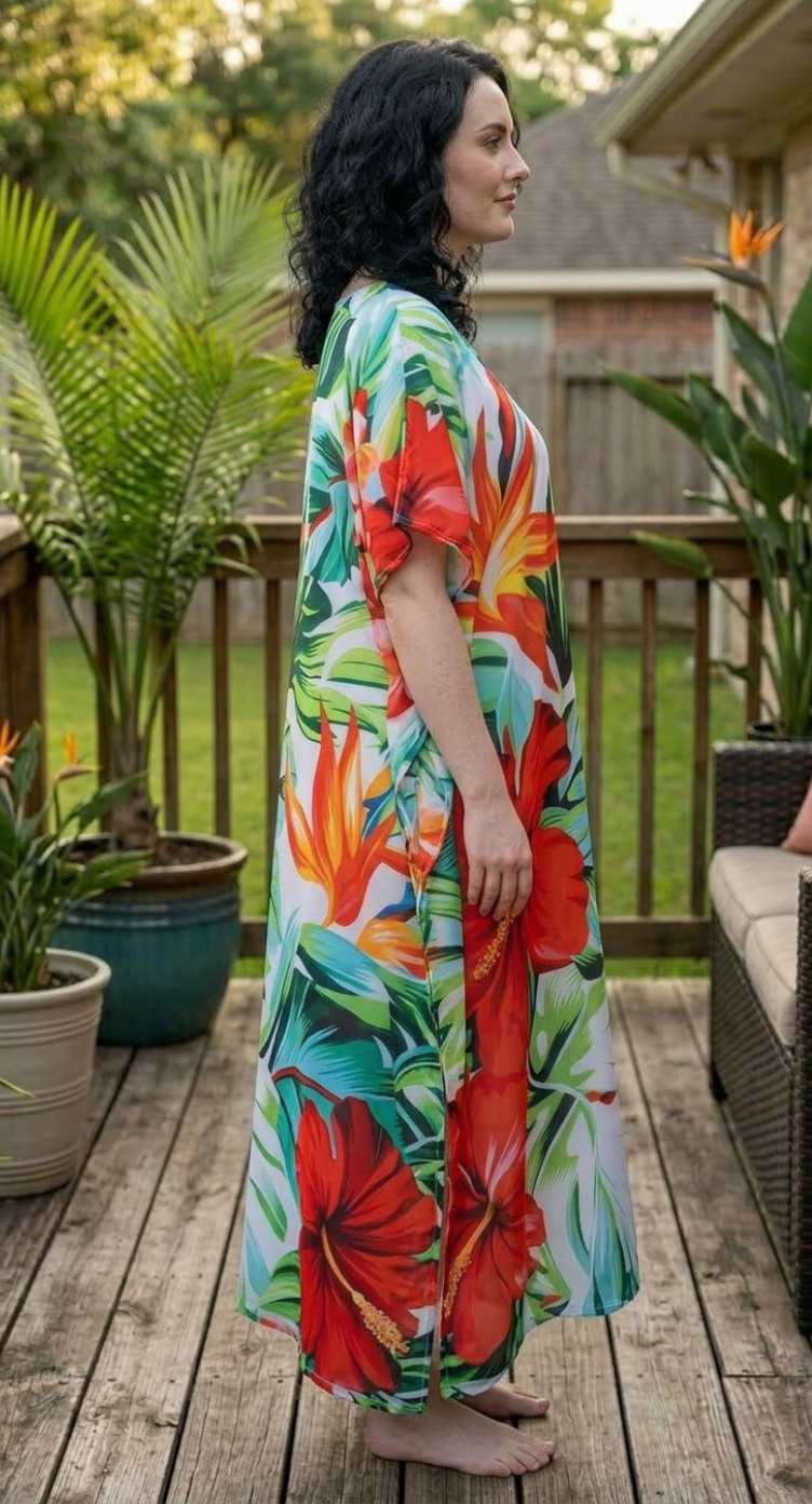Light Aqua Tropical Polyester Women Plus Size Kaftan Tropical Dress