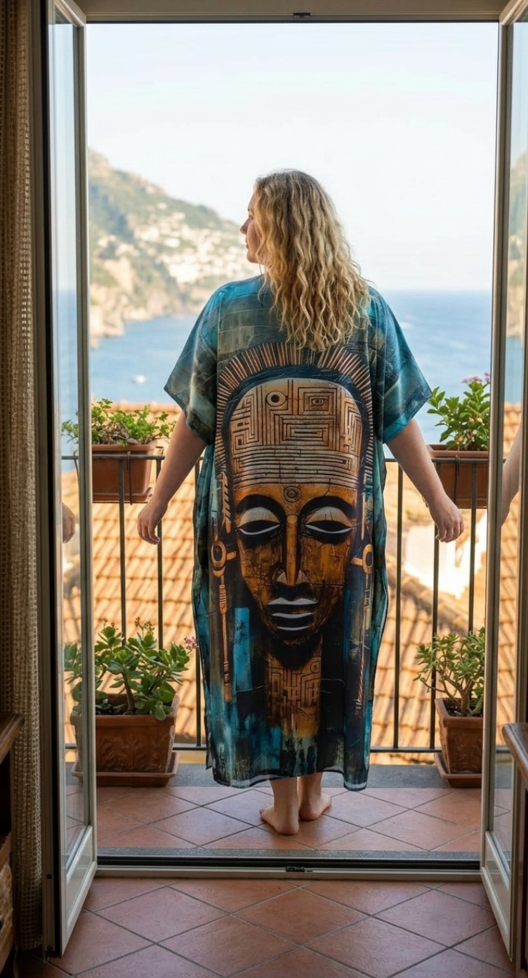 Teal Tribal Polyester Women Plus Size Kaftan Boho Dress