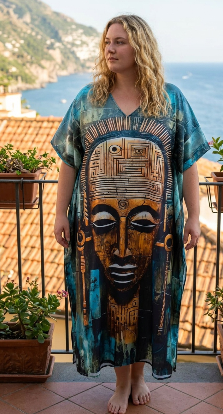 Teal Tribal Polyester Women Plus Size Kaftan Boho Dress