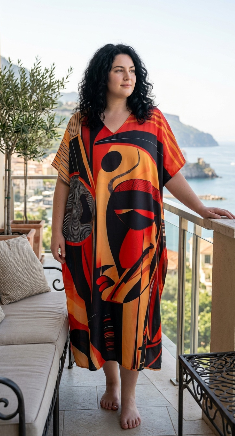 Red Abstract Polyester Women Plus Size Kaftan Evening Dress