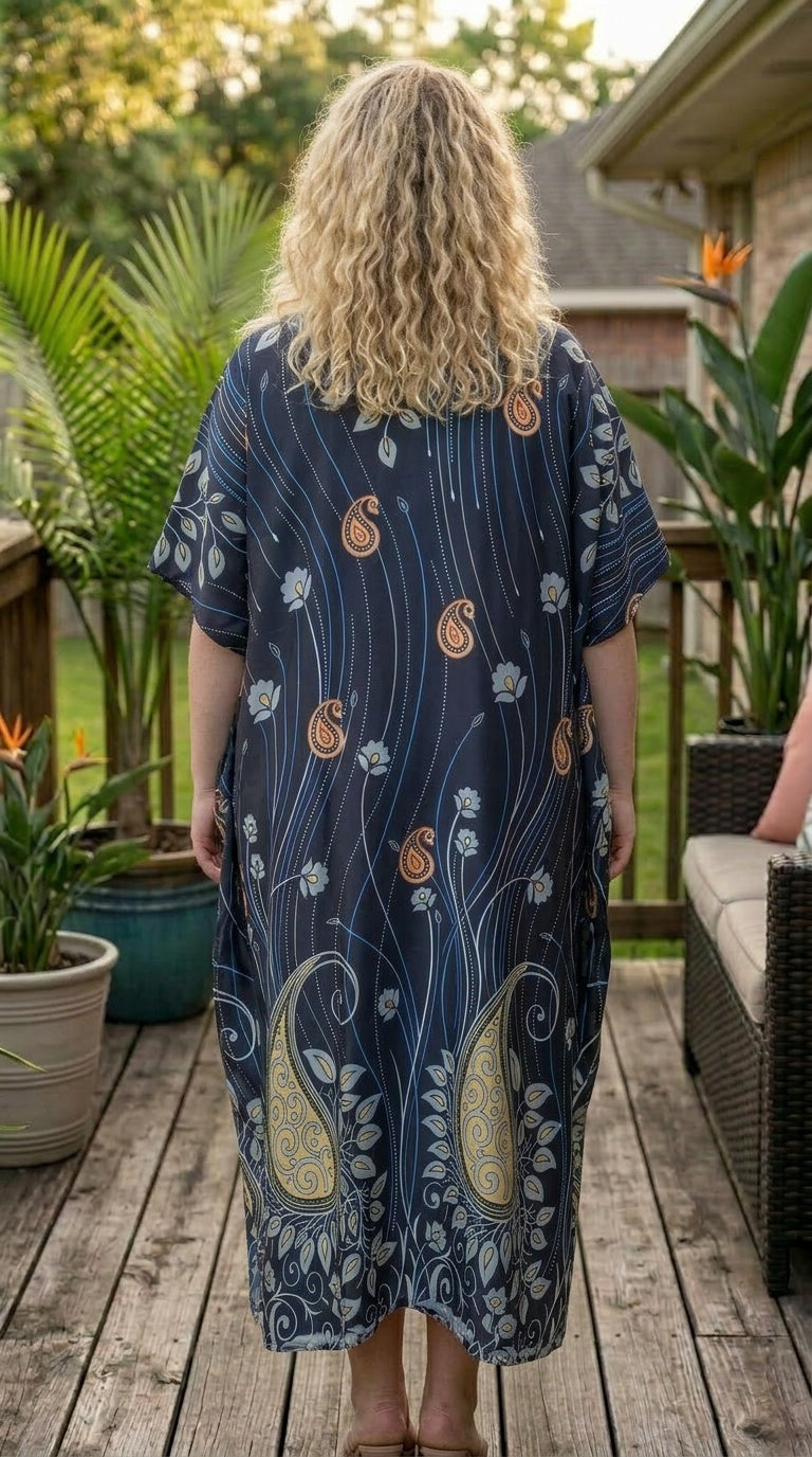 Deep Blue Paisley Polyester Women Plus Size Kaftan Holiday Dress