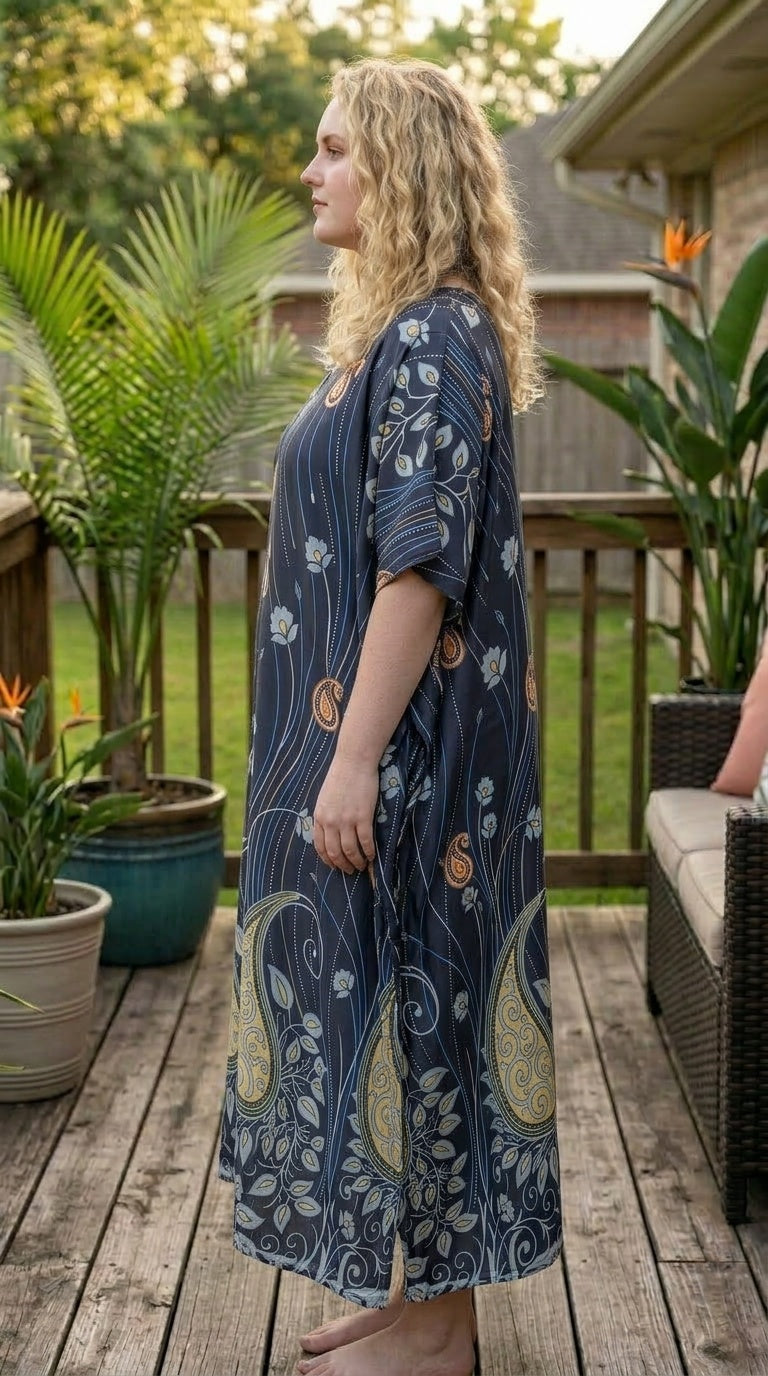Deep Blue Paisley Polyester Women Plus Size Kaftan Holiday Dress