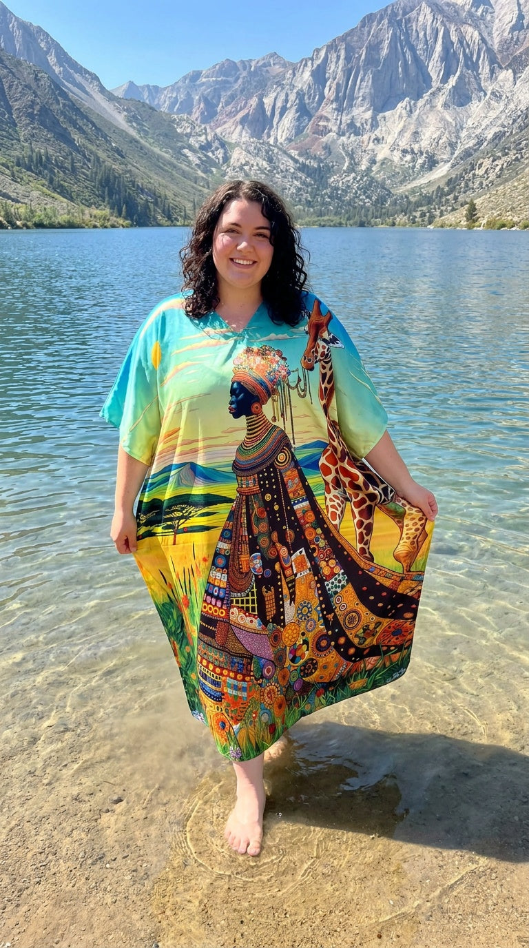 Turquoise Tribal Polyester Women Plus Size Kaftan Beach Dress 1X-3X