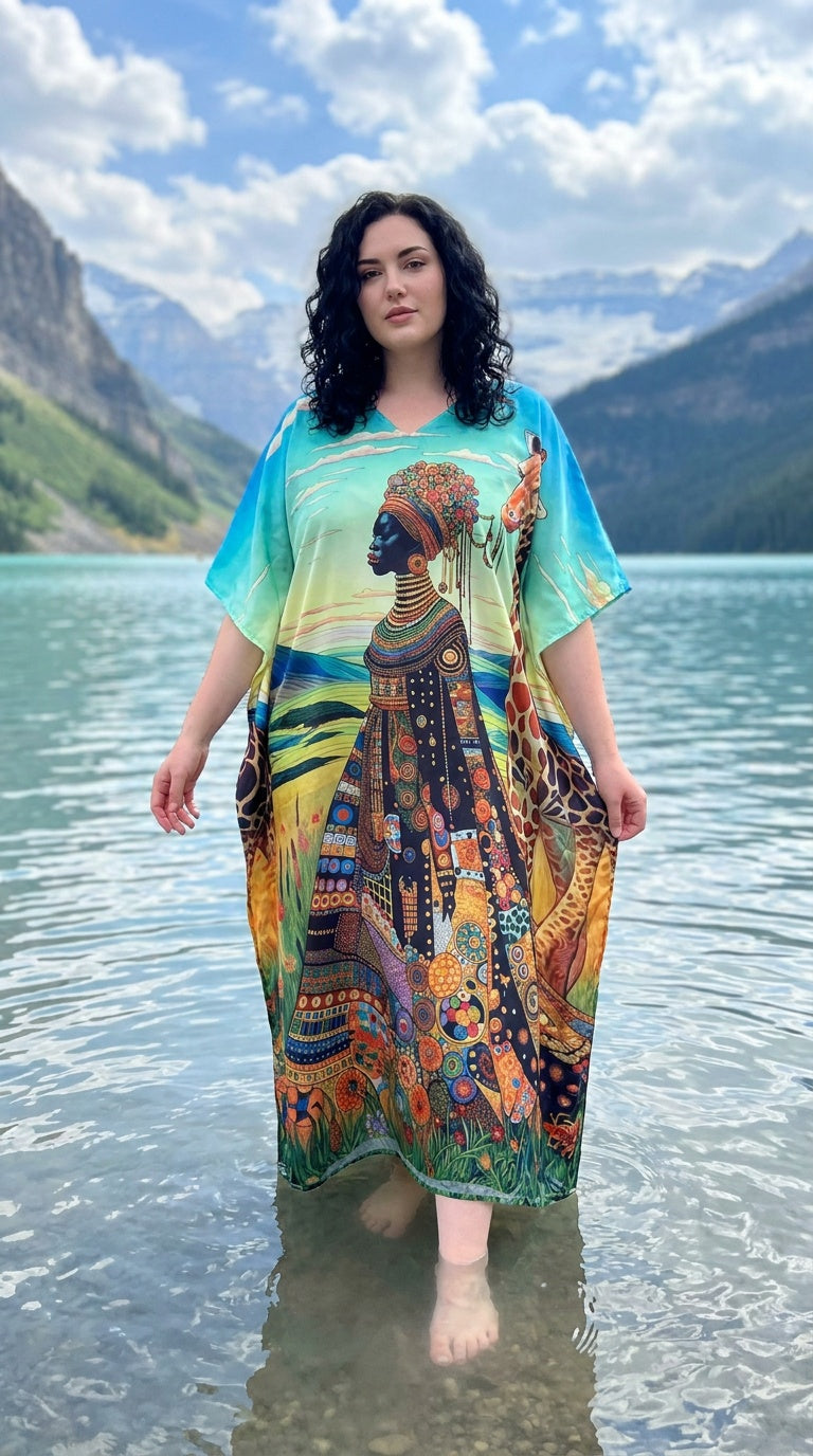 Turquoise Tribal Polyester Women Plus Size Kaftan Beach Dress 1X-3X