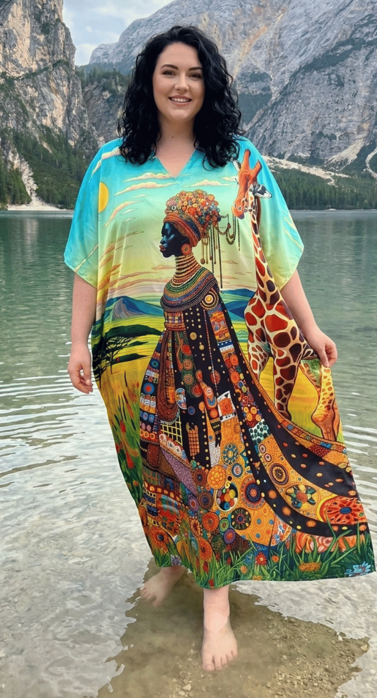 Turquoise Tribal Polyester Women Plus Size Kaftan Beach Dress 1X-3X