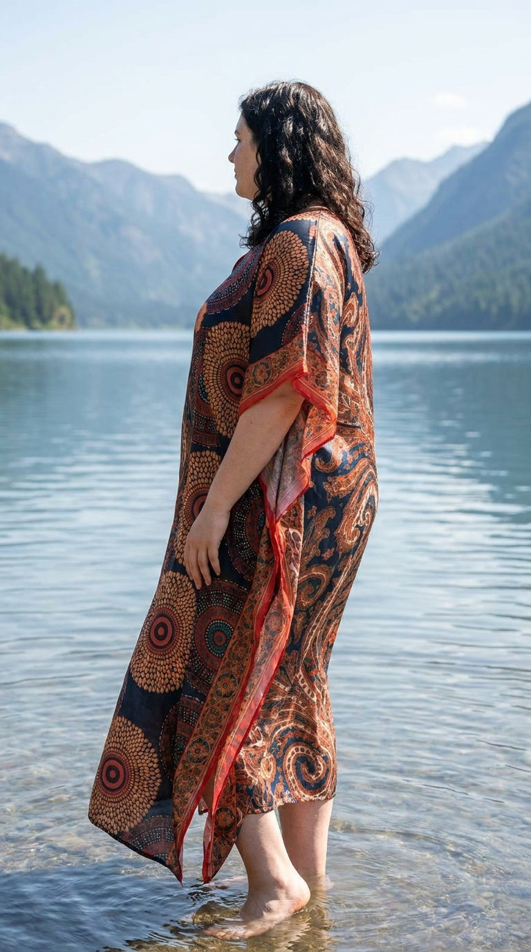 Brown Paisley Polyester Women Plus Size Kaftan Cruise Dress 1X-3X
