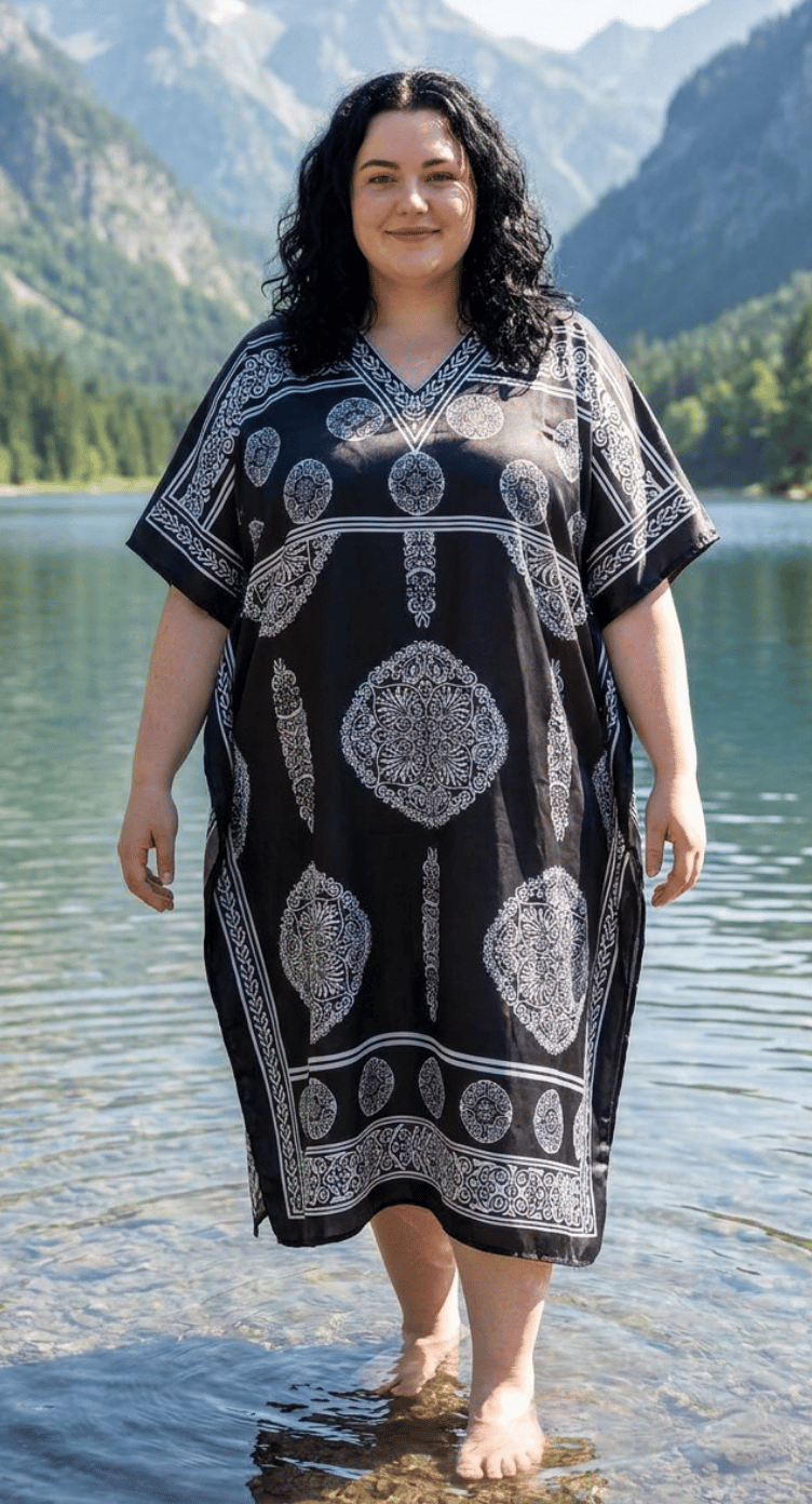 Black Geometric Polyester Women Plus Size Kaftan Holiday Dress 1X-3X