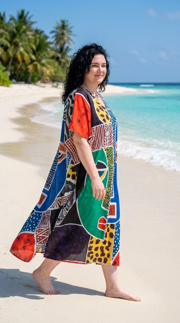 Multicolor Tribal Face Polyester Women Plus Size Kaftan Boho Dress 1X-3X
