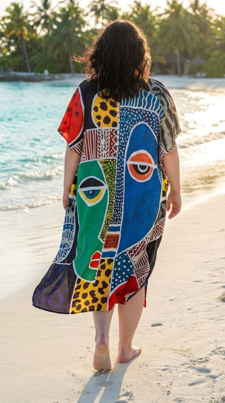 Multicolor Tribal Face Polyester Women Plus Size Kaftan Boho Dress 1X-3X