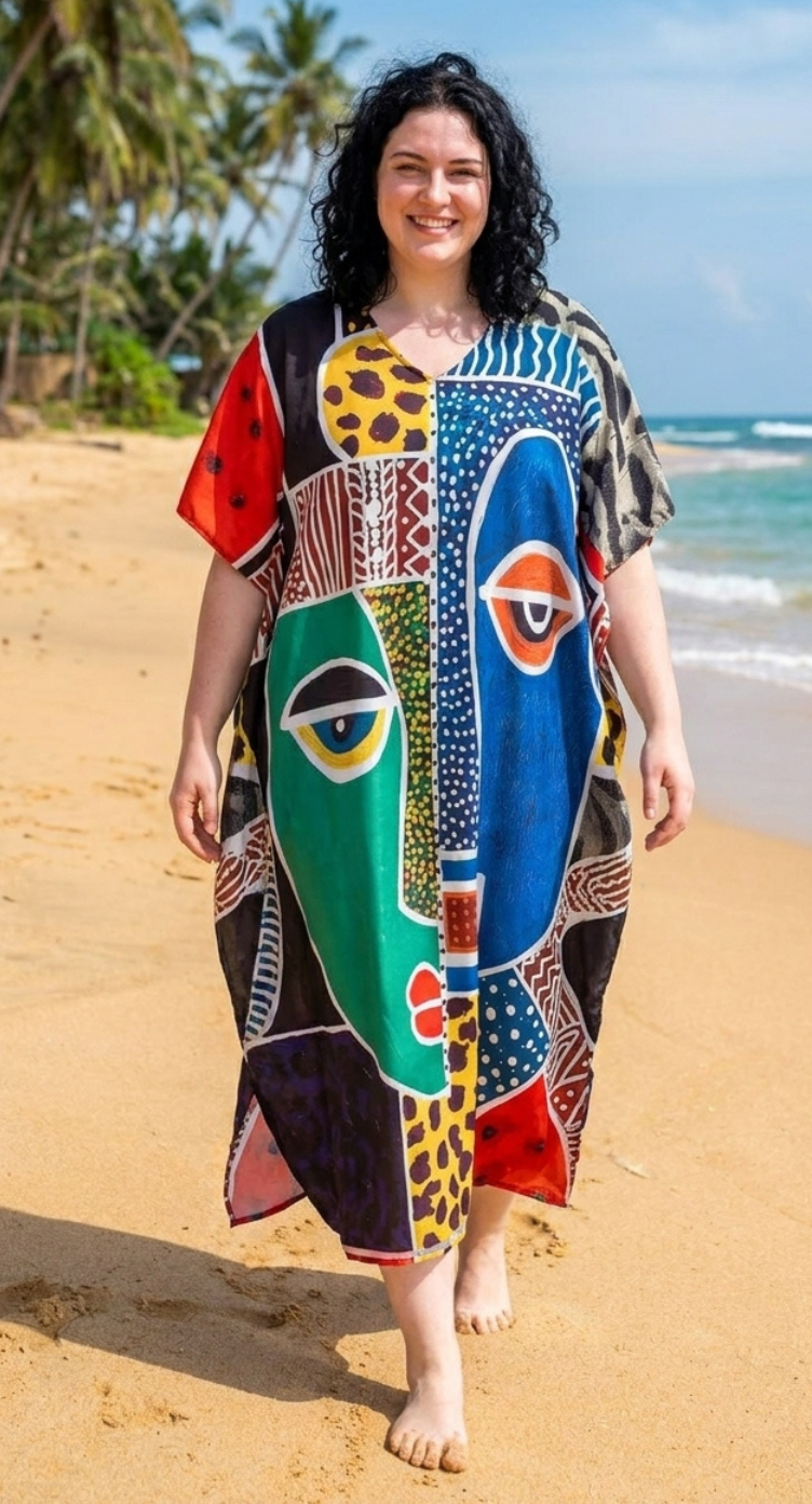 Multicolor Tribal Face Polyester Women Plus Size Kaftan Boho Dress 1X-3X