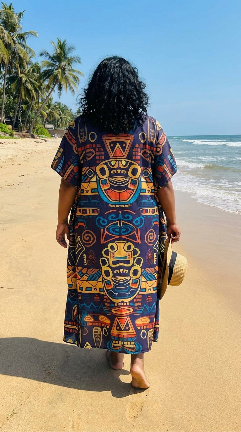 Navy Blue Tribal Polyester Women Plus Size Kaftan Boho Dress 1X-3X