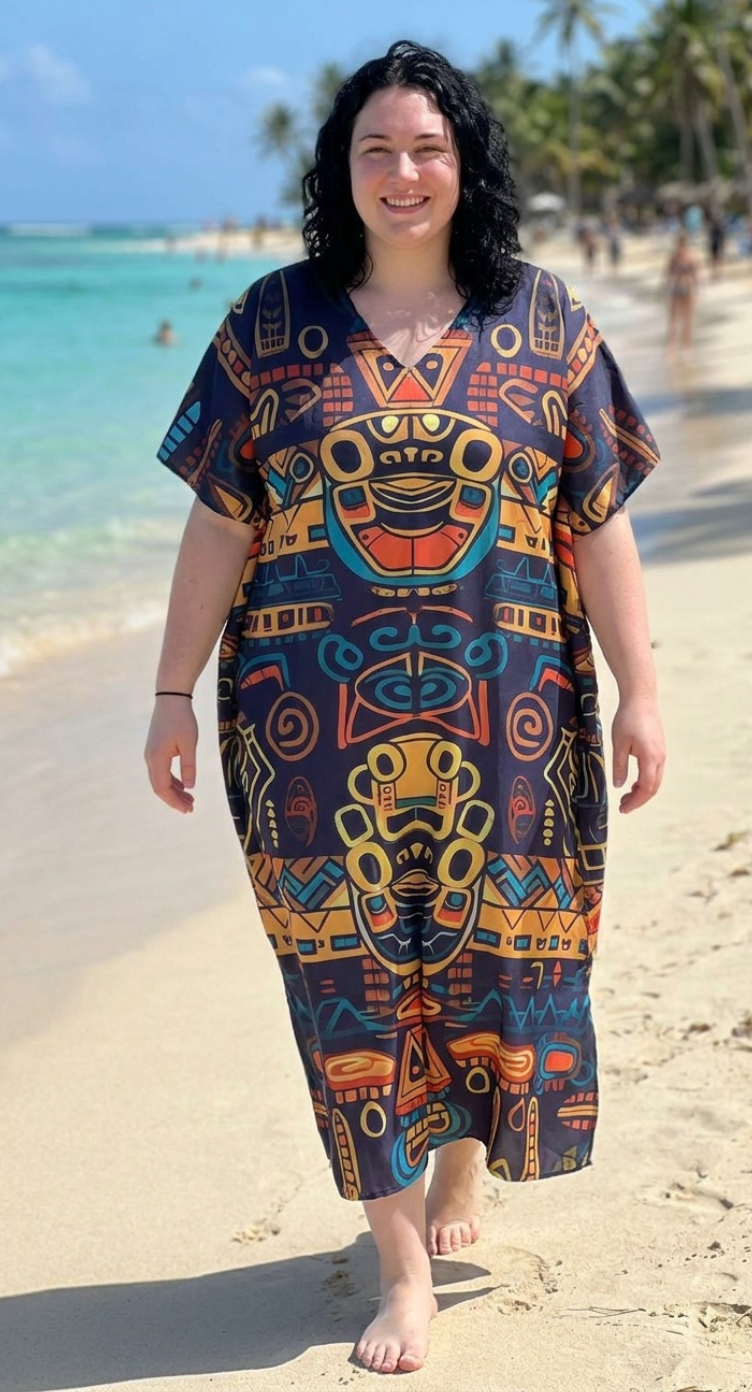 Navy Blue Tribal Polyester Women Plus Size Kaftan Boho Dress 1X-3X