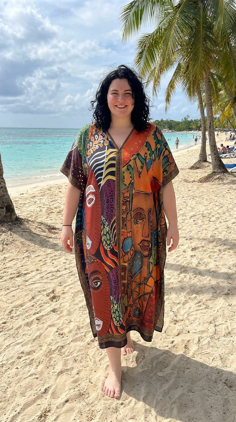 Brown Tribal Polyester Women Plus Size Kaftan Boho Dress 1X-3X