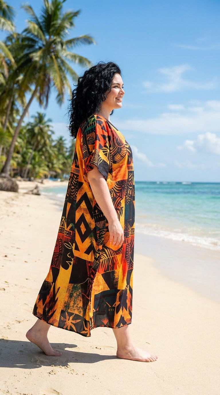 Orange Tribal Polyester Women Plus Size Kaftan Resort Dress 1X-3X