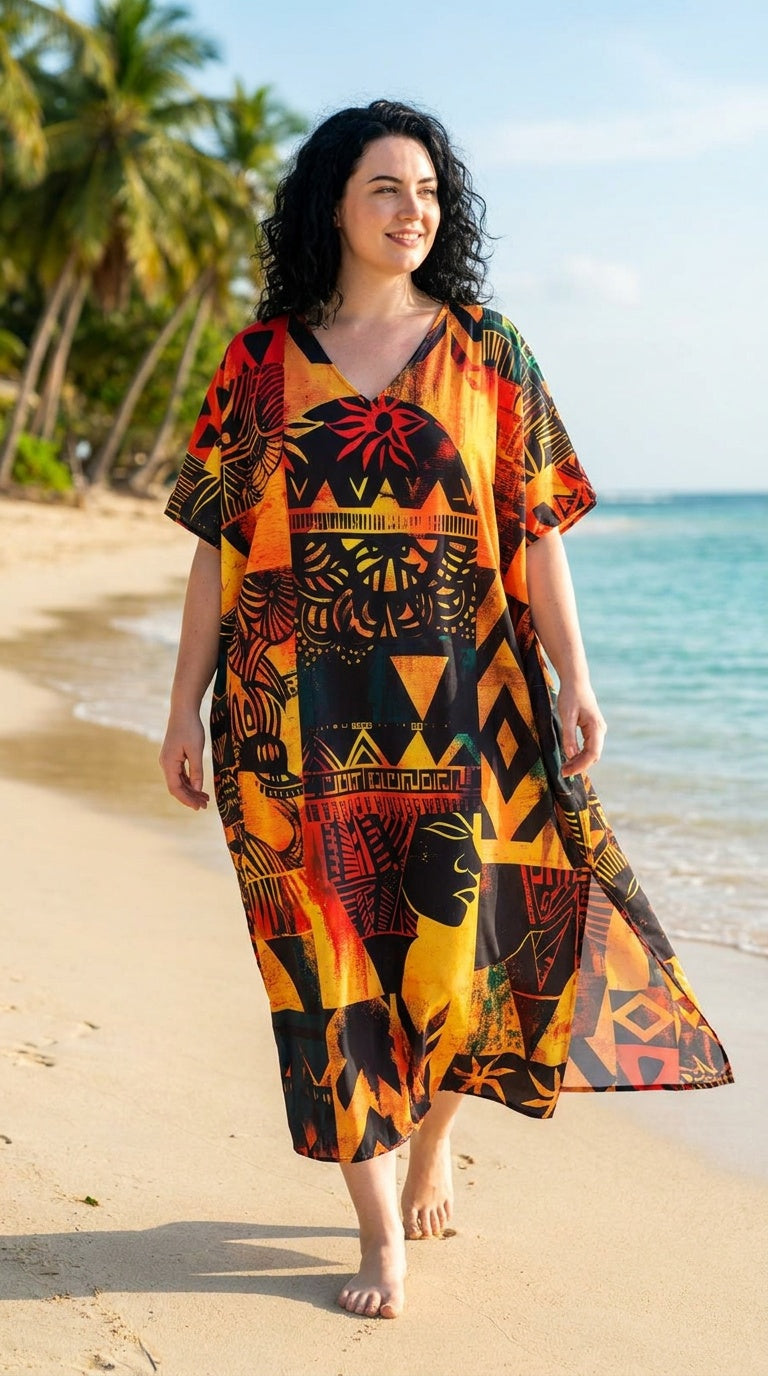 Orange Tribal Polyester Women Plus Size Kaftan Resort Dress 1X-3X