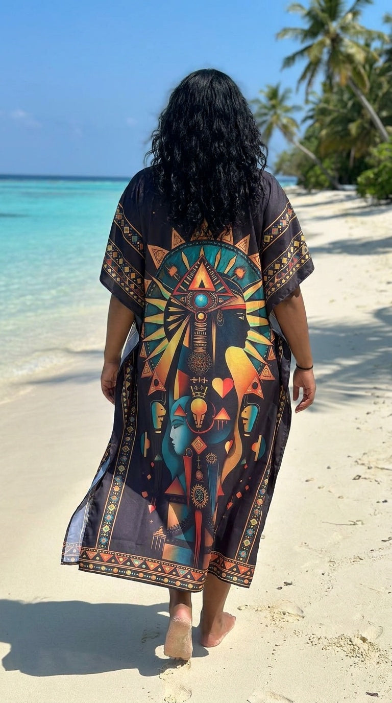 Black Egyptian Print Polyester Women Plus Size Kaftan Maxi Dress 1X-3X