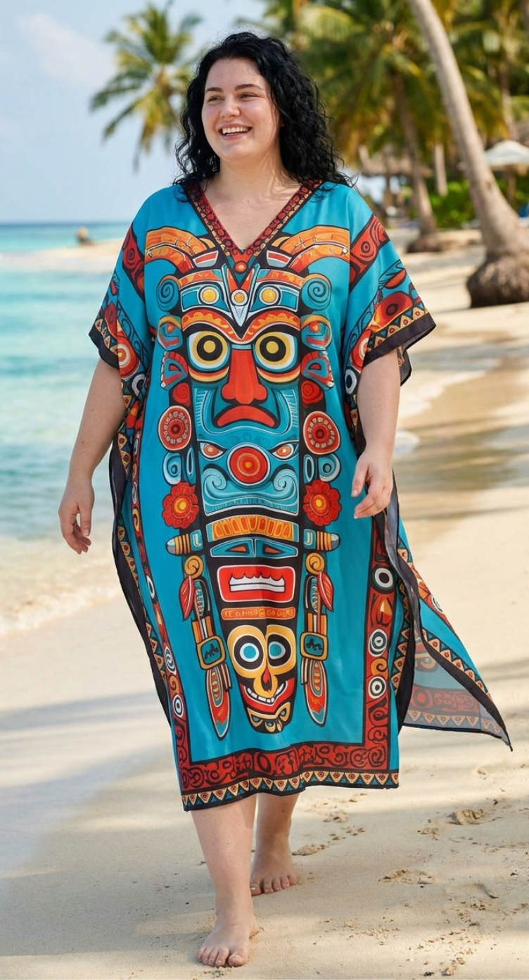 Turquoise Mask Print Polyester Women Plus Size Kaftan Vacation Dress 1X-3X