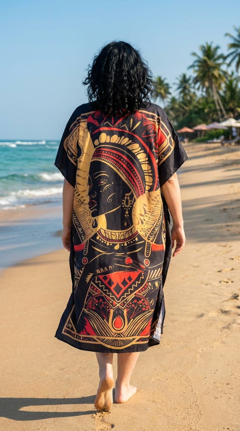 Black Tribal Print Polyester Women Plus Size Kaftan Festival Dress 1X-3X