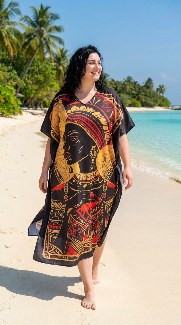Black Tribal Print Polyester Women Plus Size Kaftan Festival Dress 1X-3X