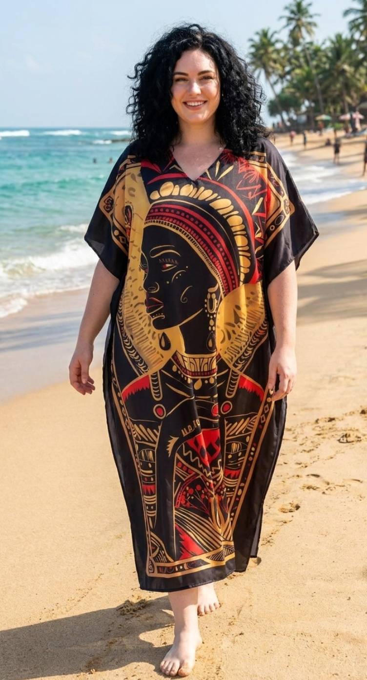 Black Tribal Print Polyester Women Plus Size Kaftan Festival Dress 1X-3X