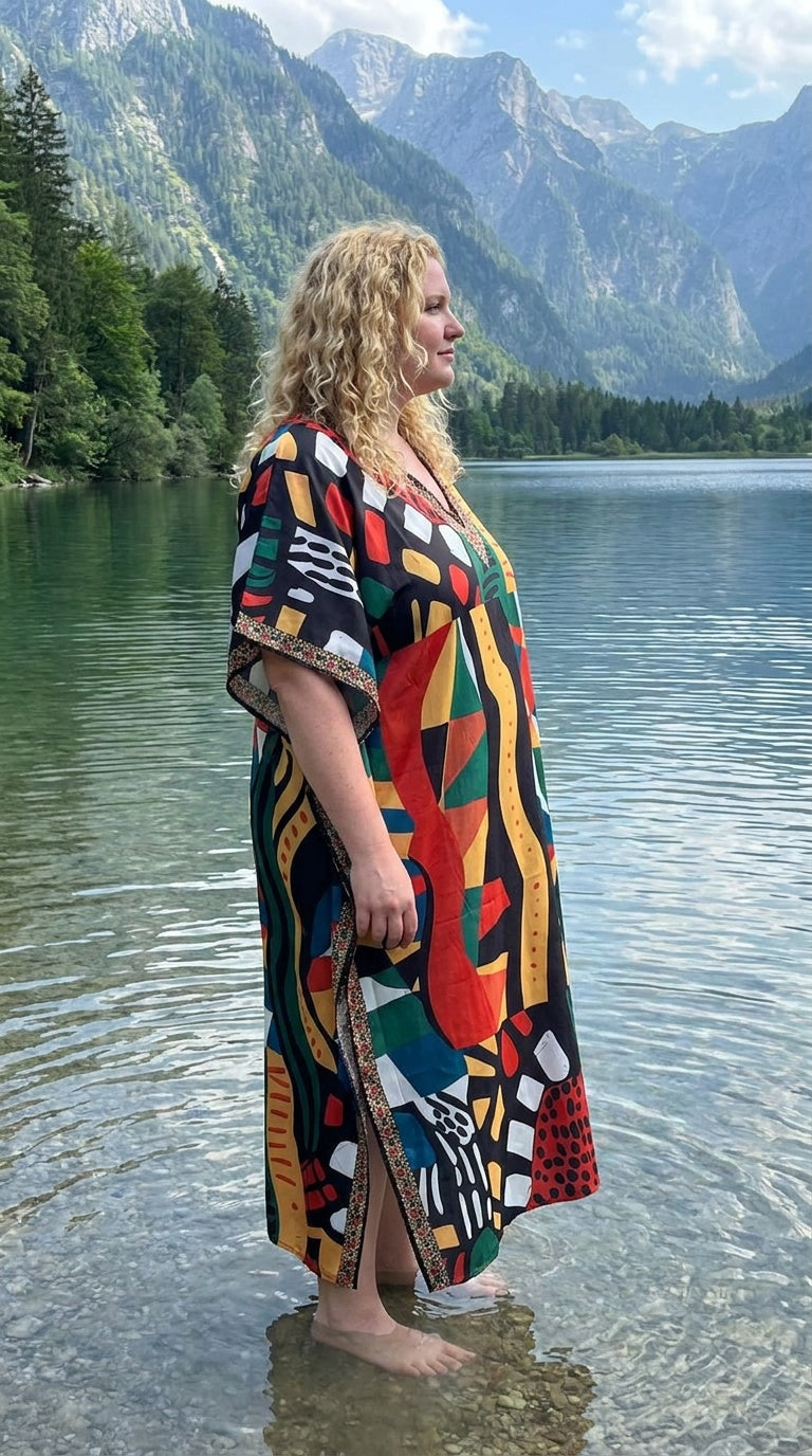 Multicolor Abstract Polyester Women Plus Size Kaftan Poolside Dress 1X-3X