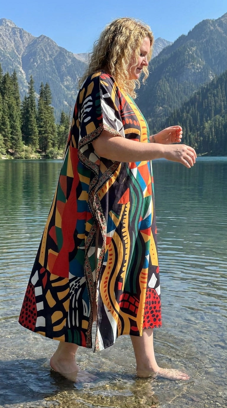 Multicolor Abstract Polyester Women Plus Size Kaftan Poolside Dress 1X-3X
