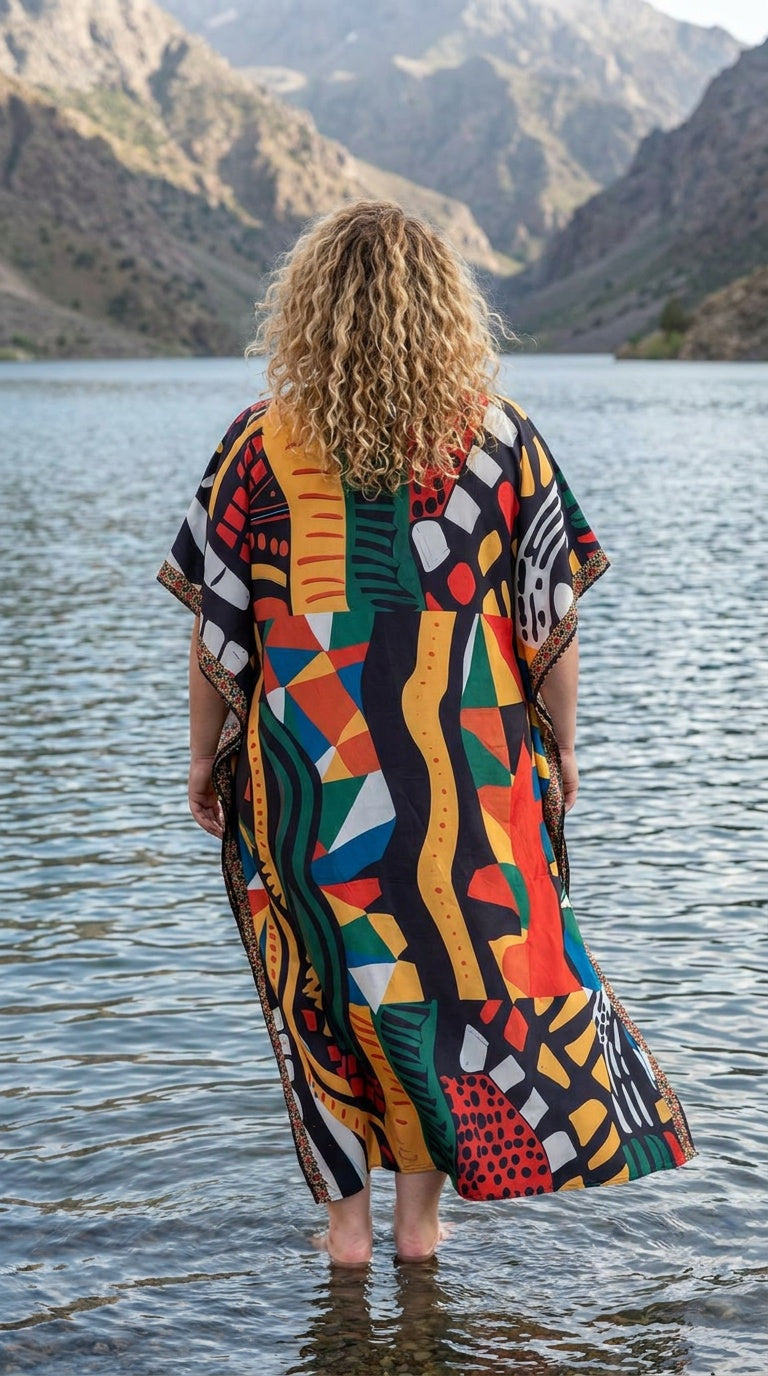 Multicolor Abstract Polyester Women Plus Size Kaftan Poolside Dress 1X-3X
