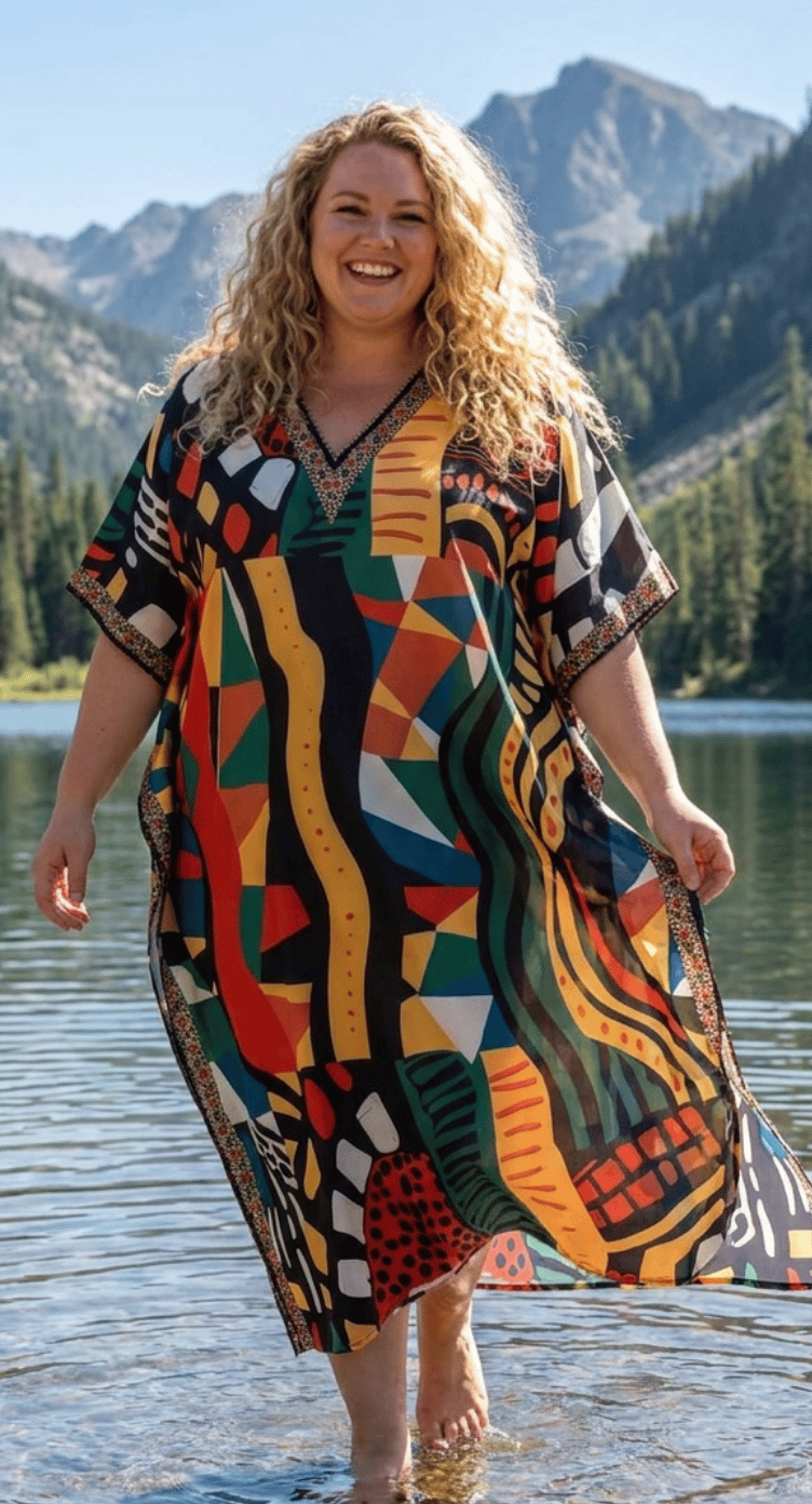 Multicolor Abstract Polyester Women Plus Size Kaftan Poolside Dress 1X-3X