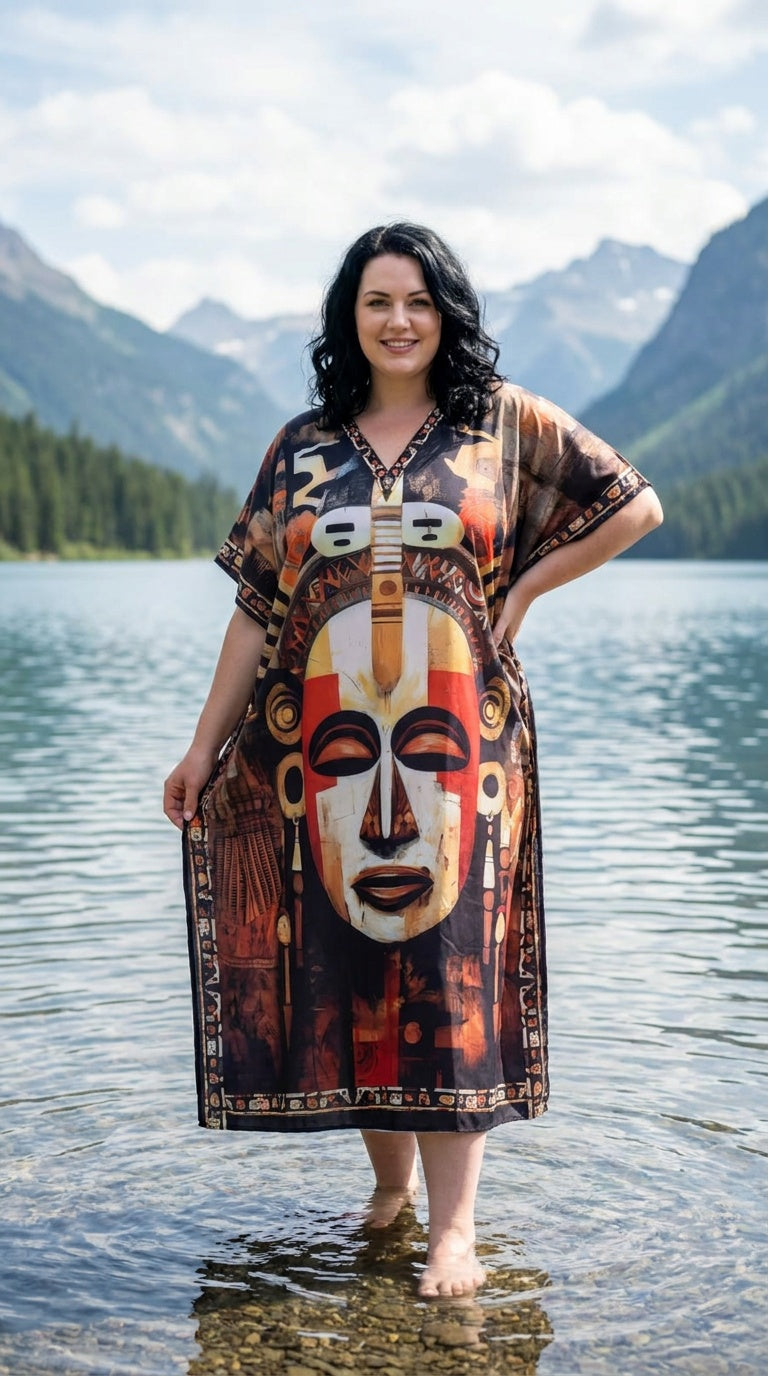 Black Tribal Mask Polyester Women Plus Size Kaftan Poolside Dress 1X-3X