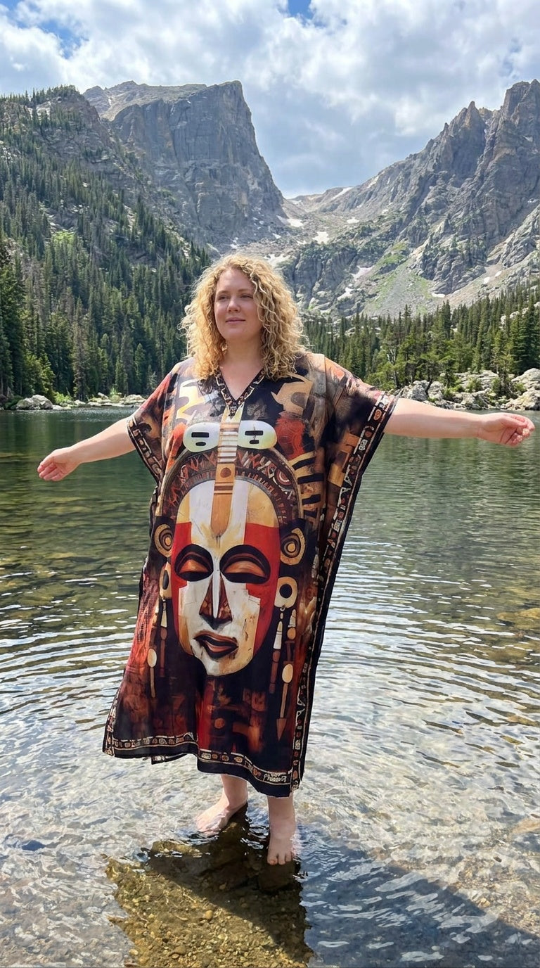 Black Tribal Mask Polyester Women Plus Size Kaftan Poolside Dress 1X-3X